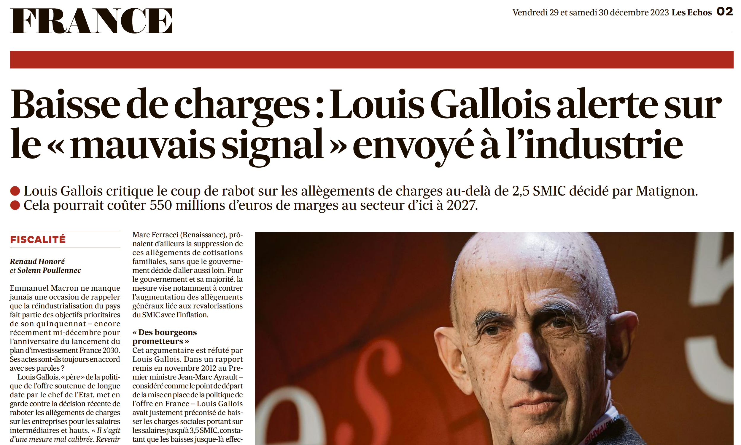 [Les Echos] Baisse de charges Louis Gallois met en garde contre le